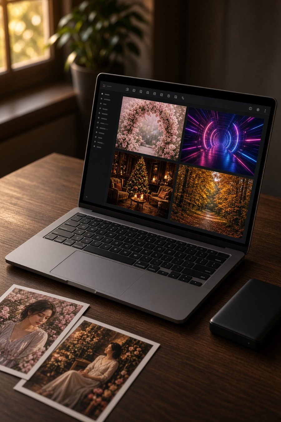 Ultimate Backdrops Pack on a laptop with printed photos